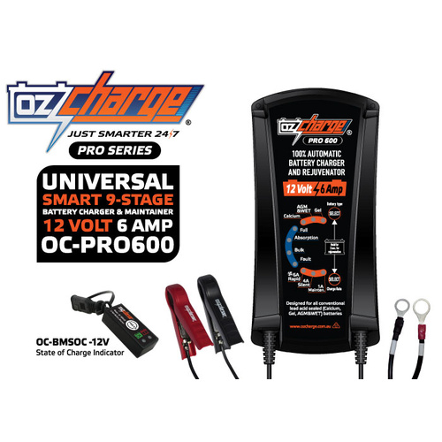 Oz Charge Pro Series 12 Volt - 6 Amp 9-Stage Battery Charger and Maintainer